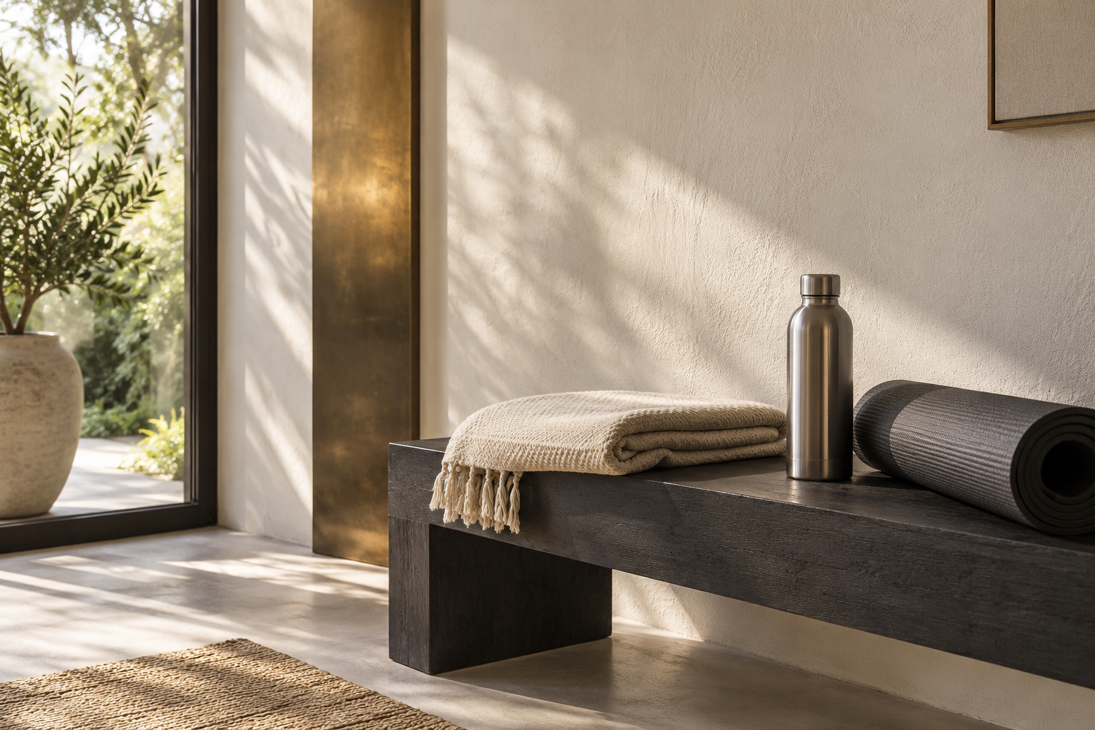 An editorial still life with folded fabric, a plain water bottle, and an exercise mat in a sunlit room.